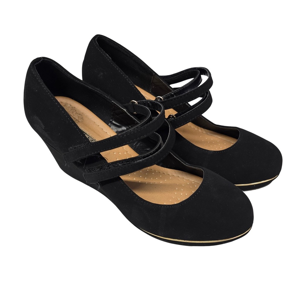 Andiamo Alydia Black Faux Suede Double Strap Mary Jane Wedge Heels Womens 9.5M